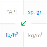 Use a unit converter for the specific gravity of stock-tank oil to convert from sp. gr. (specific gravity or relative density with respect to water at standard conditions or at 60°F) to density in lb/ft3 (pound per cubic foot).